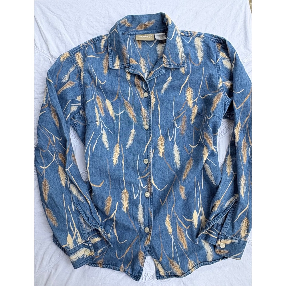 Vintage Liz Claiborne Denim Shirt Wheat Print 100% Cotton Button Down M